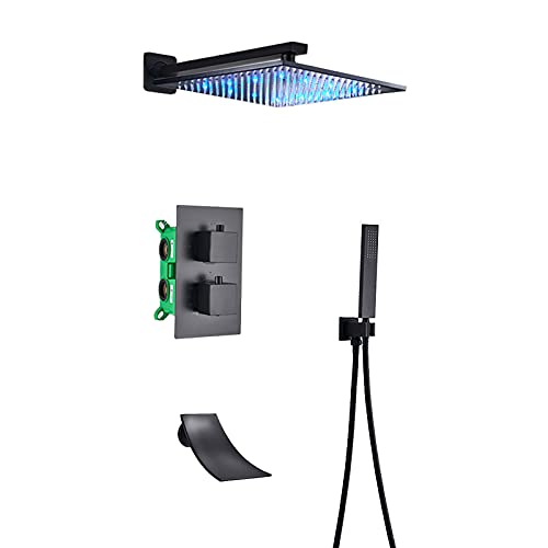 Système de douche thermostatique noir encastré avec tête de pluie carrée LED