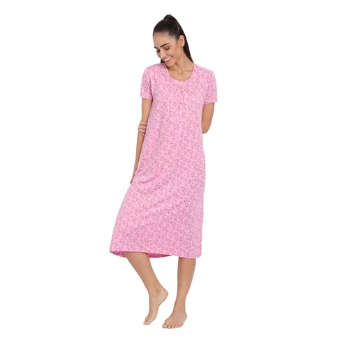 Image of BLAZON Women's Cotton Hosiery Elegant Maxi Nightdress with Lace Detailing, Floral Print, Pockets & Half Sleeves
