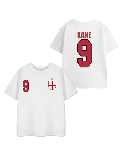 Show Me The Merch England Kane 9 White Red Graphic Tee | Kids Short Sleeve Football T-Shirt | Crew Neck Shirt for Football Fans - 7-8 Years