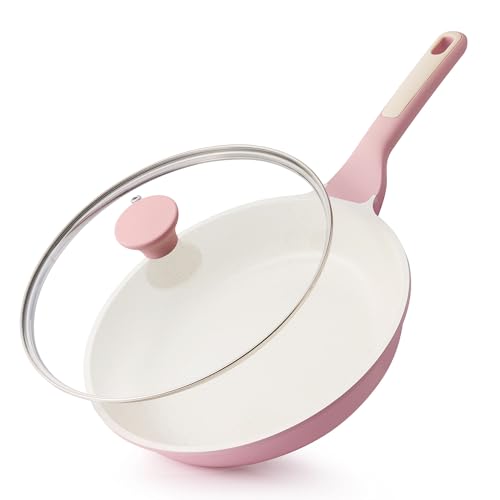 Image of SENSARTE Nonstick Ceramic Frying Pan with Lid 9.5 Inch Omelet Pan Skillet, Free of Intentionally Added PFAS /PTFE Non-toxic Chef's Pan Induction Compatible Pan, Heat Resistant Handle, Sakura Pink
