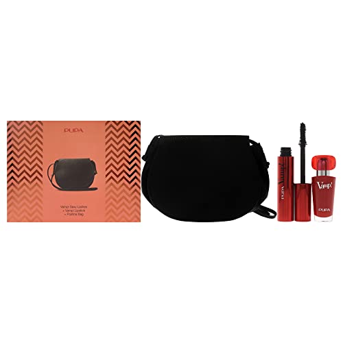 Pupa Milano Vamp! Sexy Lashes and Vamp - Kit de lápiz labial para mujer, 3 unidades, 11.3 g, máscara de pestañas sexy - 011 negro, 3.5 g - 301 rojo intenso, bolsa Postina