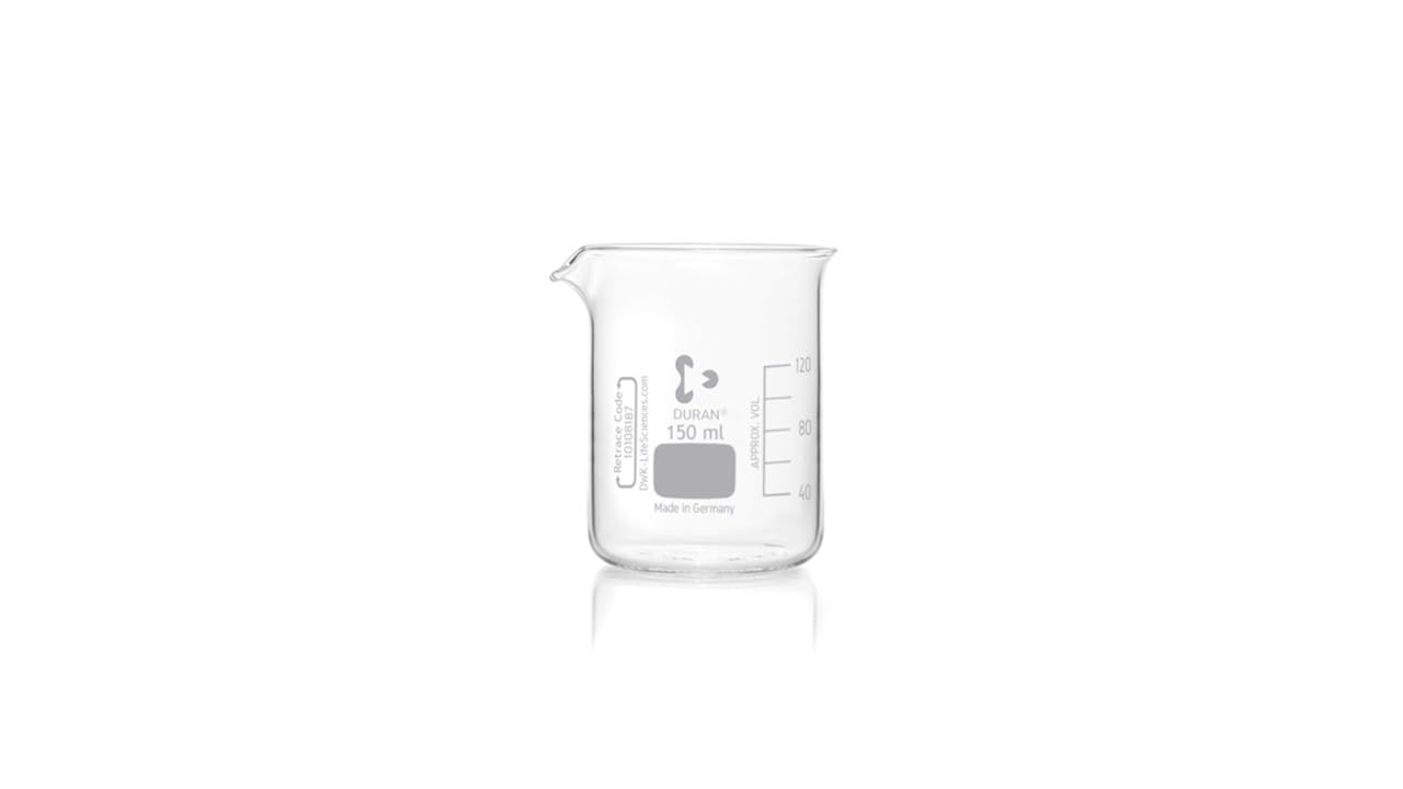 Szklany kubek borokrzemianowy o niskiej formie z wylewką, pojemność 150 ml, średnica 60 mm x wysokość 80 mm, zestaw 10 szt