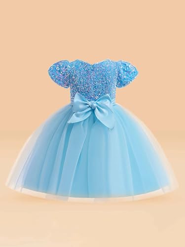 Image of Sweet Baby Girls Children's Lace Fashionable Wedding Skirt Princess Dress Visited the Party to Participate in the Event Elegant Short Sleeve Net Fit and Flare Knee-Length Frock Dress