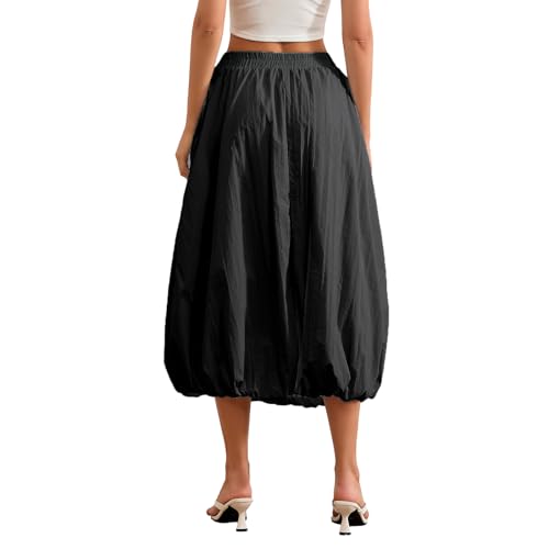 Women's Y2k Bubble Hem Skirts Trendy Elastic Waist Balloon Long Skirts Summer Flowy Midi Skirt with Pockets, Black, One Size2