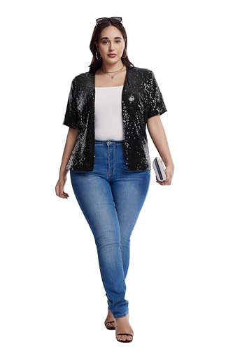 Women's Sequin Jacket Sparkly Cardigan Short Sleeve Open Front Blazer Loose Casual Party Blouse Tops4