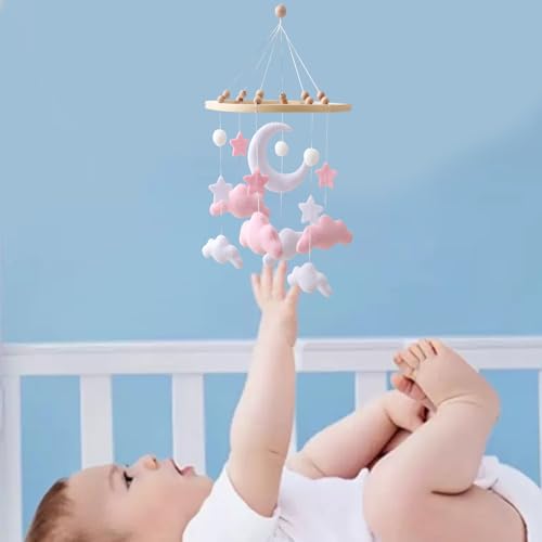 Gray Pink White Cloud Moon Themed Nursery Mobile,Crib Mobile for Baby Boys Girls,Handmade Baby Mobile,Adjustable Cotton Felt Soft Ceiling Mobile,Baby Shower Gifts for New Moms (Pink) - Image 3