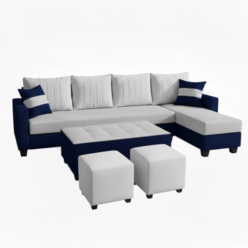 Image of FURNY Avenue 8 Seater Fabric RHS L Shape Sofa Set with 1 Centre Table & 2 Puffy (Light Grey-Dark Blue) Premium Velvet Finish
