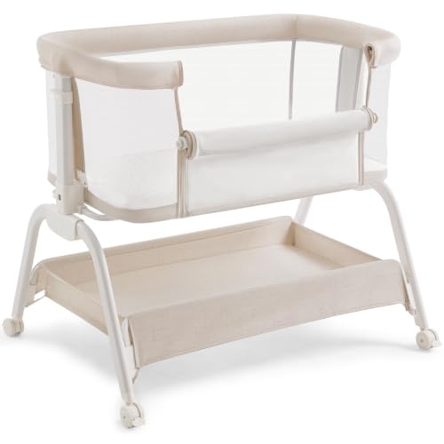 Image of HARPPA Cuddly Lite Bassinet, 2 in 1 Baby Bassinet with Breathable Mesh and Mattress, 6 Height Adjustable, Bedside Sleeper with Anchor Strap, Storage Basket and Wheels, Beige