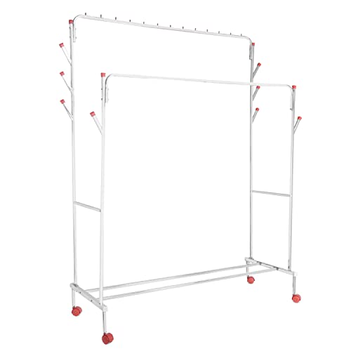 Image of LIMETRO STEEL Clothes Rack with Bottom Shelves | Closet Organizer Coat Hanger | Multipurpose Dual Rod + Wheels | Garments Rack with Bottom Shelf