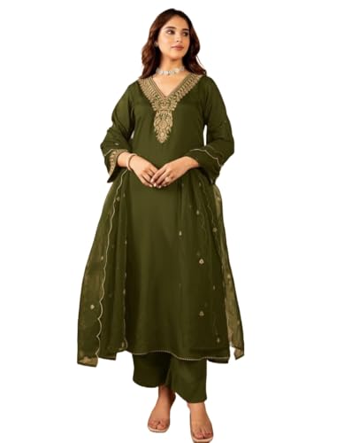 Image of Nermosa Women Embroidery Solid Anarkali Kurta and Pant Set with Dupattas