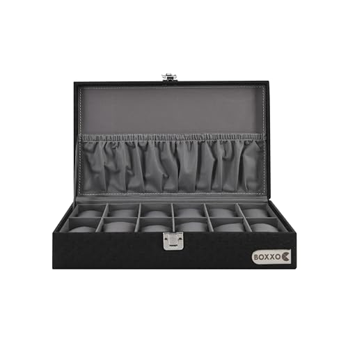 Image of BOXXO 12 Slot Watch Organizer Box for Men & Women - Premium PU Leather Watch Case, Soft Velvet Cushions & Glass Lid Display, Elegant Storage Box - 34x20x8 cm (Grey, 12 Slots)
