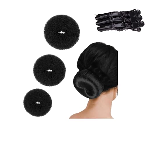 Image of Hair Bun Maker Donut Set, 3 Sizes, Black, with 3 Hair Clips