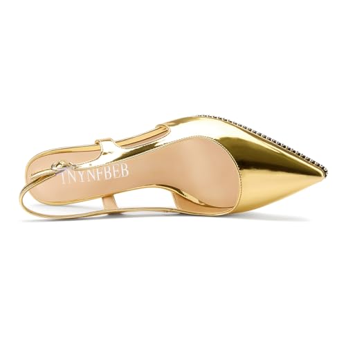 Image of TNYNFBEB Womens Kitten Heel Pointed Toe Pumps Sliver Beaded Slingback Slip-on Buckle Prom Dress Basic Classic Patent Leather Summer 2.6 Inches Heels