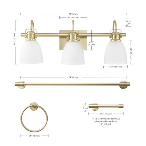 Image of Globe Electric 4-Piece All-in-One Bathroom Set, Matte Brass, 3-Light Vanity Light with Frosted Opal Glass Shades, Towel Bar, Toilet Paper Holder, Towel Ring