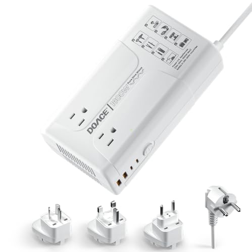 Image of 1600W Pure Sine Wave Voltage Converter US to Europe for Hair Dryer Straightener Curling Iron-220V to 110V Converter for European Travel, 6 in1 Power Converter Adapter Combo with UK /AU /EU Plug Adapters