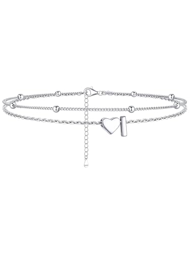 Image of ChicSilver Sterling Silver Anklets for Women Hypoallergenic Womens Ankle Bracelets for Women Layered Heart Anklet With Initials Womens Anklets Jewelry for Mom Wife