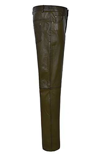 New Men's Olive Green Real Genuine Lambskin Leather Motorcycle Biker Jeans Trouser 5012