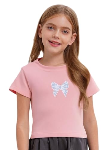 Kids Girls Bowknot Printed Short Sleeve Crop Top Round Neck Lace-up Back T-Shirt for Holiday Party Playwear