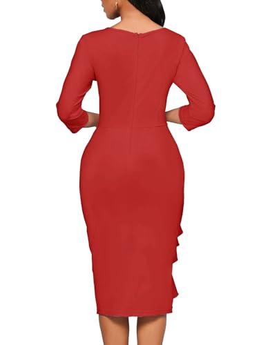 Image of Church Dresses for Women 3 /4 Sleeve Ruffle Vintage Bodycon Cocktail Work Midi Pencil Dress