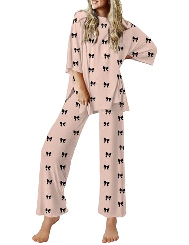 Image of Ekouaer Lounge Sets for Women Short Sleeve Tops and Long Pants Soft Comfy Pajamas Set 2 Piece Outfits