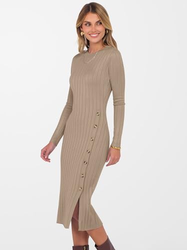 ANRABESS Womens 2025 Fall Long Sleeve Midi Dress Ribbed Knit Bodycon Fitted Button Down Wedding Guest Slit Sweater Dresses
