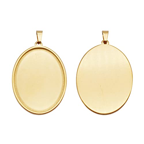 Julie Wang 10pcs Stainless Steel Base Settings Charm Gold Color Oval Blank Bezel Frames Pendant Trays Fit Cameo Cabochons Jewellery Making 40x30mm