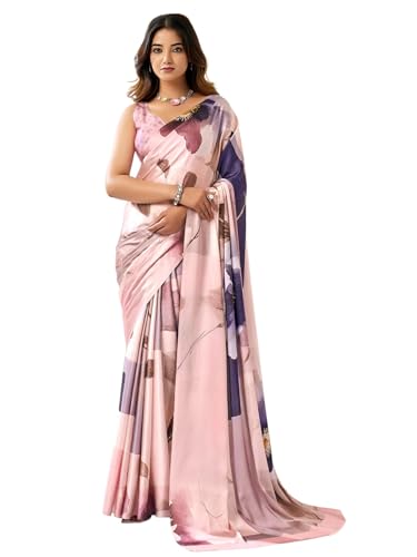 Image of Satrani Women's Satin Digital Printed Saree with Unstitched Blouse Piece