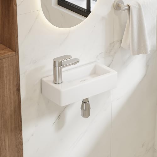 Eridanus Badezimmer Waschbecken, Wandhängendes Platzsparendes rechteckiges weißes Keramikbecken, Wasserhahn LINKEN für Waschtisch, Garderobe, Toilette, Modernes Aufsatzwaschbecken Klein (nur Becken)