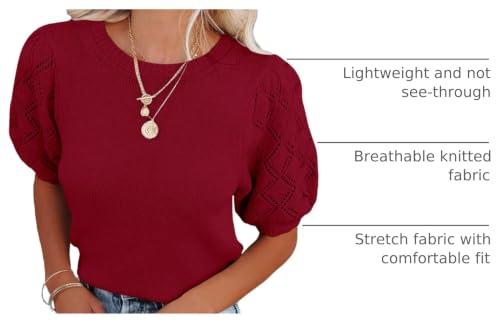 Image of Womens Short Sleeve Sweaters Crewneck Knit Pullover Tops 2025 Summer Casual Lightweight Crochet Blouse Shirt