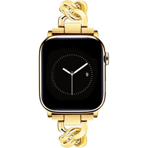 Image of JR.DM Gold Watch Bands for Women Compatible with Apple Watch 46mm 42mm(S3 /2 /1) 44mm 45mm 49mm Adjustable Metal Cowboy Single Chain Bracelet for iWatch Series 11 /10 /9 /8 /7 /6 /5 /4 SE 3 /2 /1 Ultra (No Case)