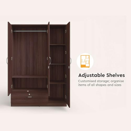 Image of Interio by Godrej Wardrobe EWA 3-Door Engineered Wood Wardrobe for Clothes (Brown), 1-Year Warranty, 5 Shelves, 1 Drawer