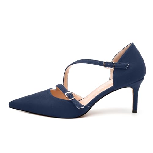 Womens Mid Heel Pump, Pointed Toe with Buckle Adjustable Strap, Fashion Solid Color Dressy Shoes for Party Work2