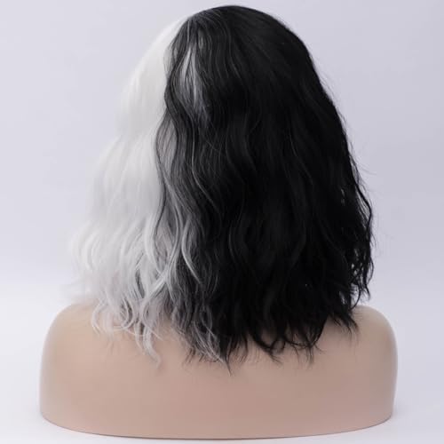 Cying Lin Short Bob Wavy Curly Wig Black and White Wig For Women Cosplay Halloween Wigs Heat Resistant Bob Party Wig Include Wig Cap (Black and White)
