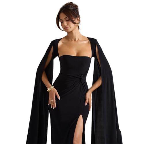 JUMISEE Women’s Flowy Cloak Sleeve Wedding Guest Dress Sexy Ruched High Slit Maxi Dress Formal Cape Cocktail Dresses3