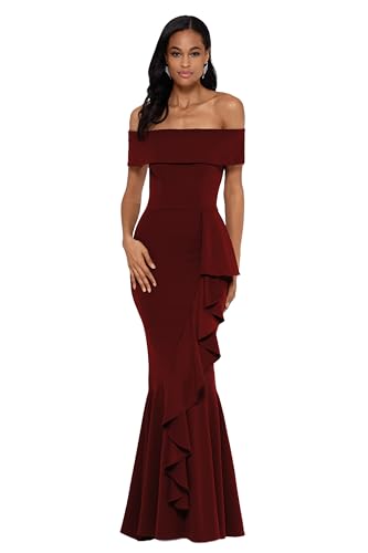 Image of Betsy & Adam Women's Women's Long Off Shoulder Cascade Ruffle Stetch Scuba Crepe Gown