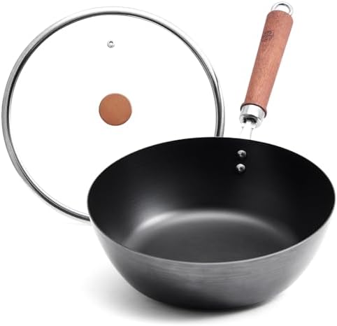 WANGYUANJI 10.24 Inch Iron Wok with Glass Lid, Flat Bottom Uncoated Wrought Iron Stir-Fry Pan, Deep Lightweight Wok Skillet with Wooden Handle for Gas, Electric & Induction Cooktops