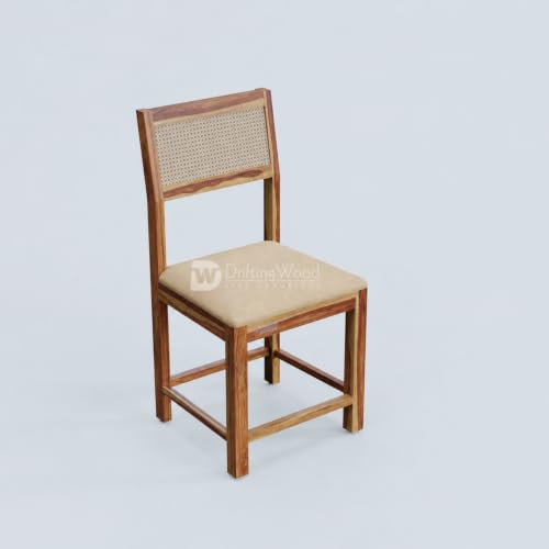 Image of DRIFTINGWOOD Amber Solid Sheesham Wood 6 Seater Dining Table Set with Rattan Back Chairs | Beige Velvet Cushioned Seating for Home & Dining Room (Natural Finish, DIY)