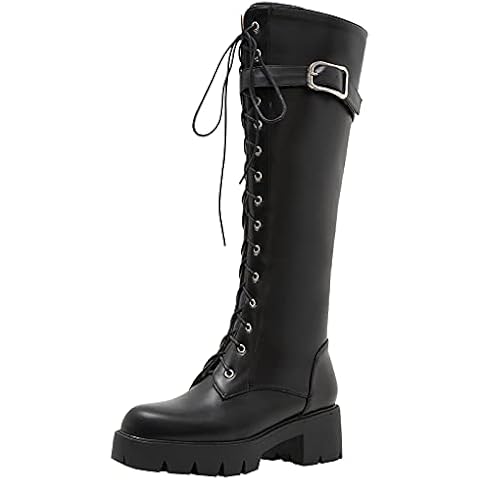 XIEWANG Women's Lace Up Zipper Chunky Heel Platform Knee High Boots (4, Black) Cover