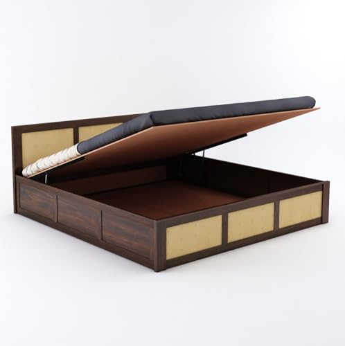 Image of Solid Sheesham Wood Queen Size Bed with Hydraulic Storage Wooden Double Bed Cot Palang Furniture for Bedroom Living Room Home Furniture (Walnut Finish) | 1 Year Warranty