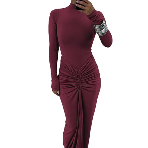 Image of Women's Sexy Turtleneck Long Sleeve Maxi Dress Elegant Ruched Bodycon Long Dress Casual Party Dresses