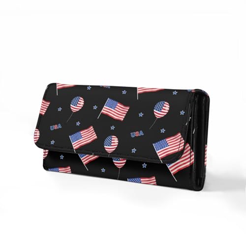 Image of AFPANQZ Women's Leather Wallet Women Wallets, USA Star Print Soft Leather Trifold Large Capacity Ladies Travel Purse Dust Resistnt Wallet
