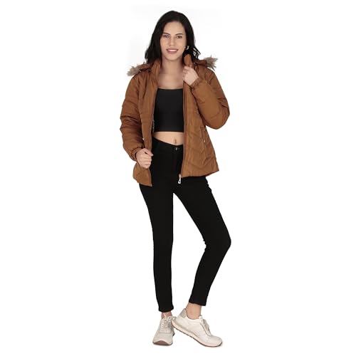 Image of Women's Cozy Puffer Stylish Jacket with Buttoned Pockets and Detachable Fur Hood