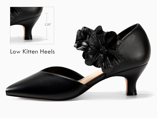 Coutgo Womens Low Kitten Heels Dressy Shoes Comfortable Closed Toe Flower Slip on Formal Party Dance Heeled Pumps, Black, Size 8 - Image 3