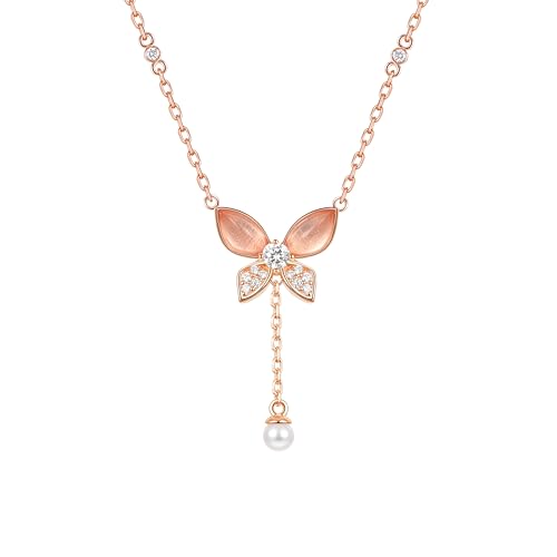 LynChoe LAB Grown Diamond Pink Crystal Butterfly Pendent Necklace with