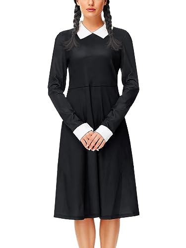 Arankhiger Damen Schwarzes Kleid Halloween Midi Kleider Karneval Kostüm Langarm Cocktailkleid L