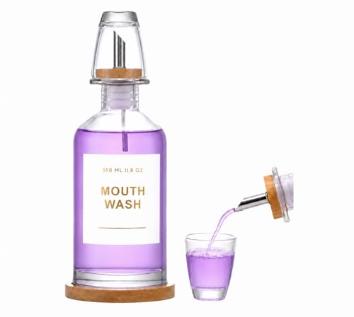 11.8 oz Glass Mouthwash Dispenser for Bathroom Refillable Mouthwash Container with Glass Cup Bamboo Tray Stainless Steel & Bamboo Nozzle Bathroom Sink Decor Clear
