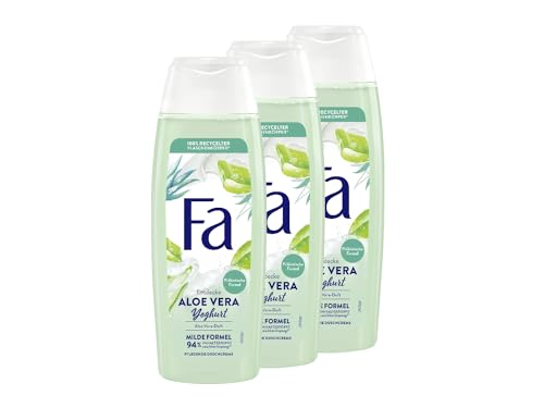 FA Gel de ducha de aloe vera yogurt (3 x 250 ml), crema de ducha con fórmula suave y agradable aroma a aloe vera, vegano, 94% ingredientes de origen natural