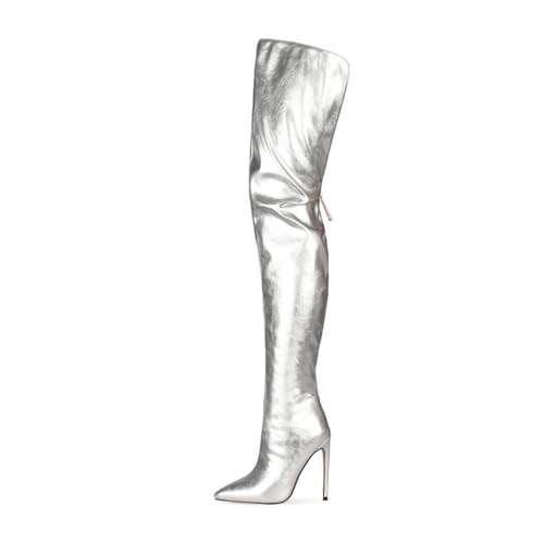 Image of Thigh high boots for women striped Back zipper Burgundy Zebra Print Over the knee Sexy gold white pointed toe Cow Print leopard Magenta stiletto heel