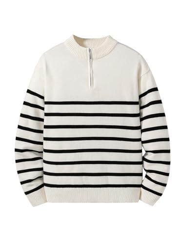 Verdusa Boy's Striped Half Zip Sweater Mock Neck Long Sleeve Loose Casual Knit Pullovers Black and White 8Y