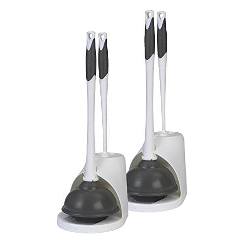 Clorox Toilet Plunger and Bowl Brush Combo Set with Caddy, 6.75" x 7" x 19.5", White/Gray, Pack of 2 - Plunger and Toilet Bowl Brush, Heavy Duty Plunger, Toilet Cleaning Brush, Freestanding Caddy